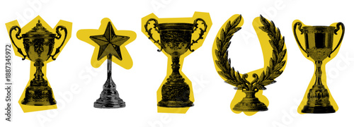 Set of halftone trophy and award icons for sports winners and corporate achievement design elements