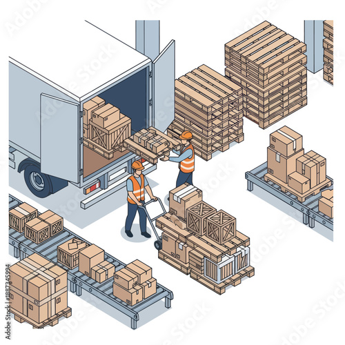 Warehouse Workers Unloading Packages from Truck.