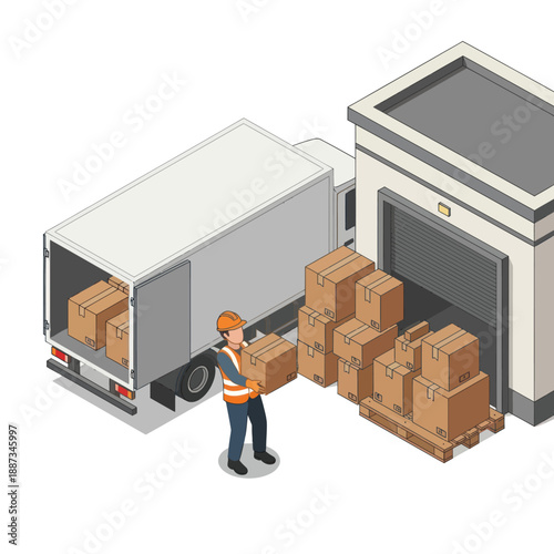 Warehouse Worker Unloading Boxes from Truck.