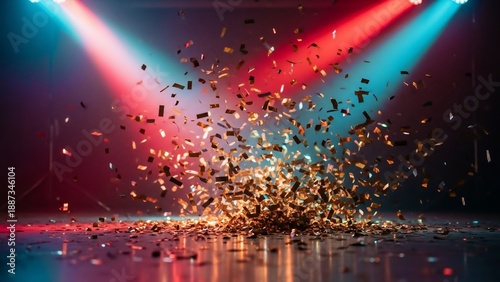 Vibrant Confetti Explosion on Stage with Spotlight.