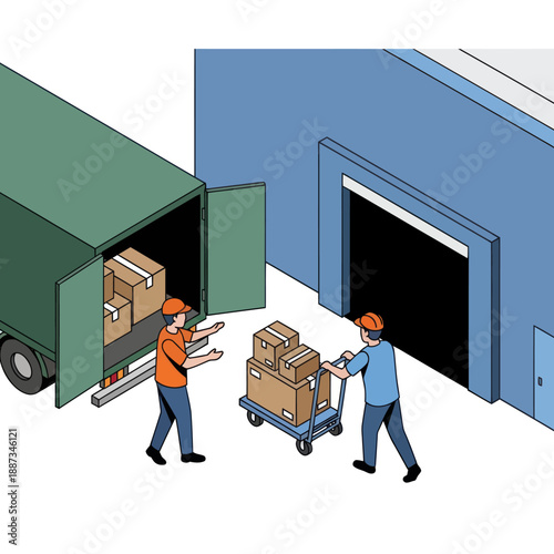 Warehouse Workers Unloading Packages from Truck.