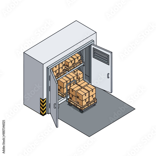 Storage Container with Open Doors and Pallets.