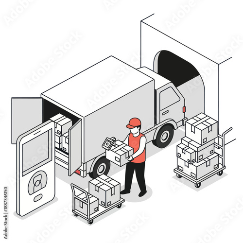 Delivery Man Unloading Boxes from Truck.