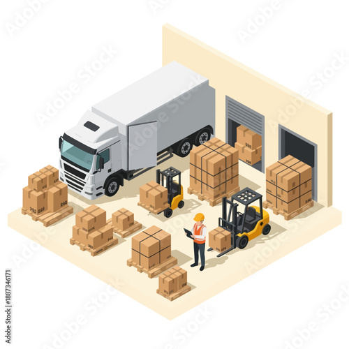 Warehouse Workers Unloading Truck with Forklifts.