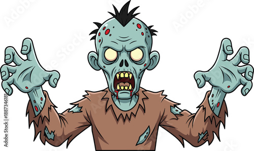 Scary zombie cartoon illustration, creepy undead monster with open mouth and claw hands, horror Halloween character, detailed flat vector