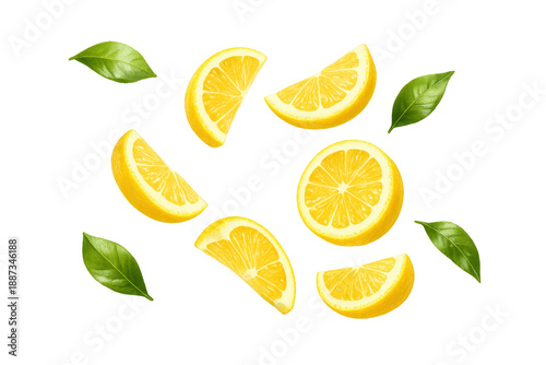 Fresh flying lemon slices and wedges with green leaves falling, representing zest, flavor, and healthy lifestyle on transparent background