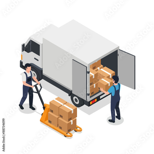 Delivery Men Unloading Packages from Truck.