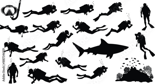 Scuba diving silhouettes set, underwater divers swimming with equipment, shark ocean scene, marine adventure black vector collection