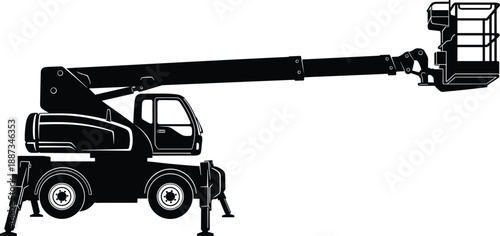 Silhouette, mobile boom lift, cherry picker, aerial platform, construction equipment, elevated work, maintenance machinery, industrial access, safety gear, worksite vehicle