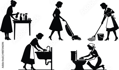 silhouette, woman, cleaning, household, chores, vacuuming, mopping, washing, domestic, routine, hygiene, home, lifestyle, vintage, black