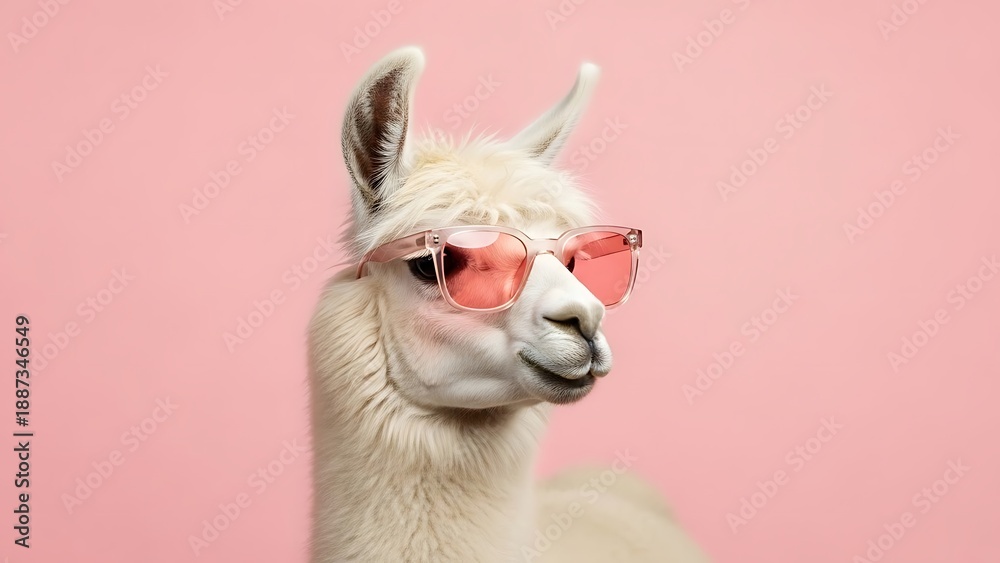 Fototapeta premium Llama With Pink Sunglasses Stock Photo Pet Animal Wearing Trendy Eyewear Cool Fashion Cute Funny Studio Shot Creative Animalistic Concepts