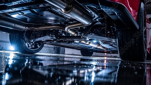 Undercarriage of a red sports car in a garage with shiny exhaust system.