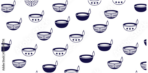 Seamless pattern with various decorative navy blue oil lamps for diwali festival on white background