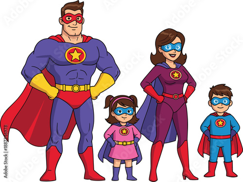 Superhero family illustration, happy parents and kids in colorful costumes, cartoon style, isolated on white background, family power concept