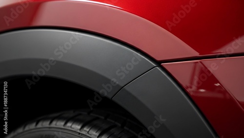 Close-up of a red car's wheel arch and tire.