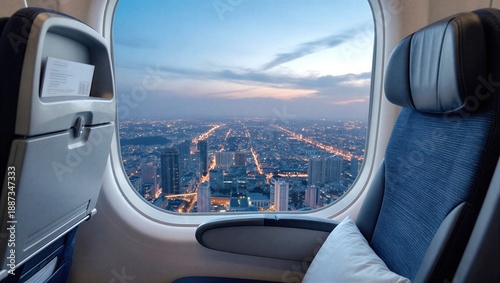 City lights at dusk viewed through airplane window