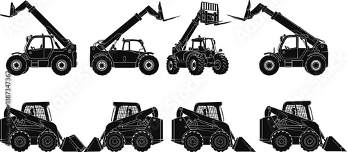 Telehandler and skid steer loader silhouettes illustration, construction vehicles, telescopic boom, front bucket, heavy machinery, industrial equipment