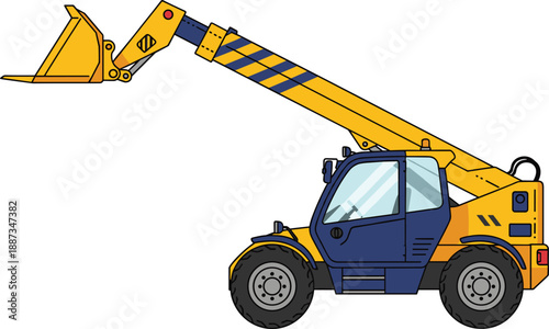 Telescopic handler illustration, telehandler construction vehicle, extendable boom, bucket attachment, heavy machinery, industrial equipment, material handling tool
