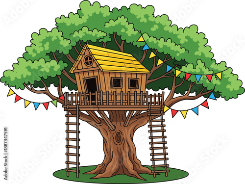 Tree house illustration, kids wooden treehouse with ladders and flags, outdoor playground fantasy, nature adventure concept, colorful vector art