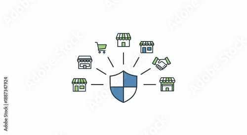 Business security concept Shield protecting multiple shops and handshake symbol, representing protection and partnership in commerce