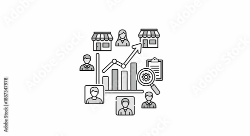 Comprehensive business intelligence and market research icon representing customer acquisition, retail analytics, and strategic growth opportunities