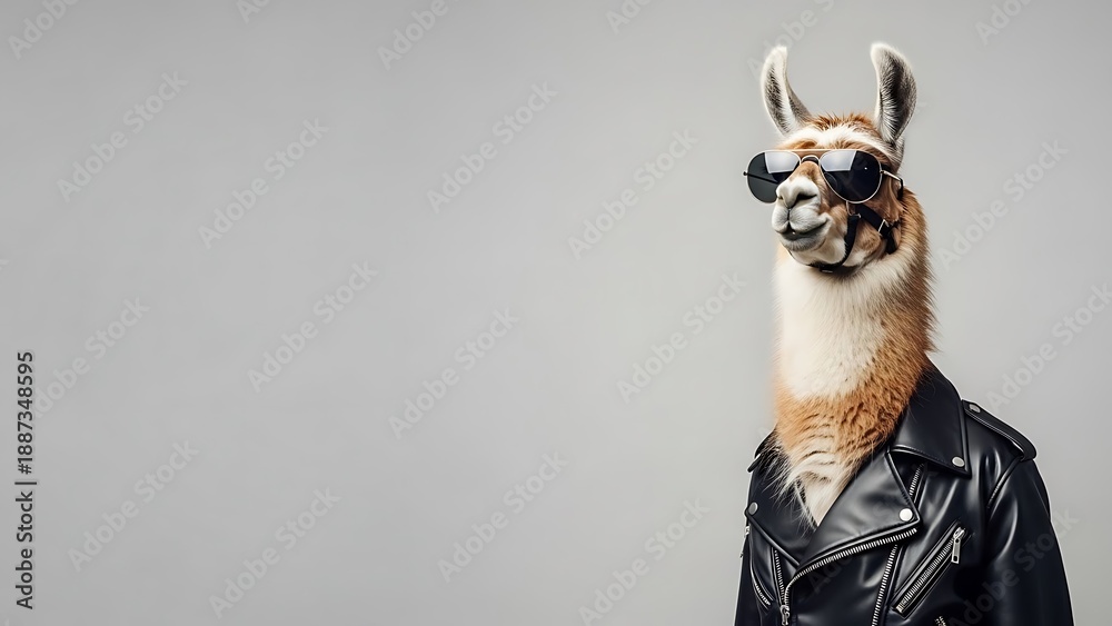 Fototapeta premium Cool Llama Fashion Portrait Animal Wearing Sunglasses and Leather Jacket Funny Concept Humor Beast Wildlife Glamour Trend Sartorial Style Rocker Attitude