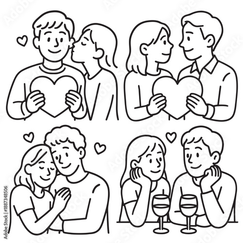 Couple love heart romance relationship happiness affection together date smile are shown this illustration of four romantic couples sharing sweet moments holding hearts and enjoying drinks