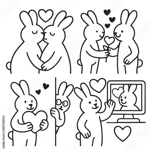 Romantic rabbit couple, love heart, gift exchange, secret admirer, online dating, and affectionate emotions in black and white cartoon style illustration