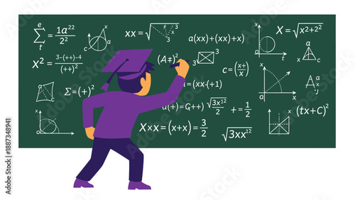 Student Solving Complex Math Equations on Chalkboard Illustration