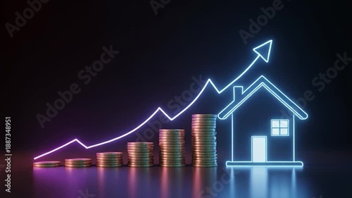 Real Estate Investment Growth - House, Coins, and Rising Graph.