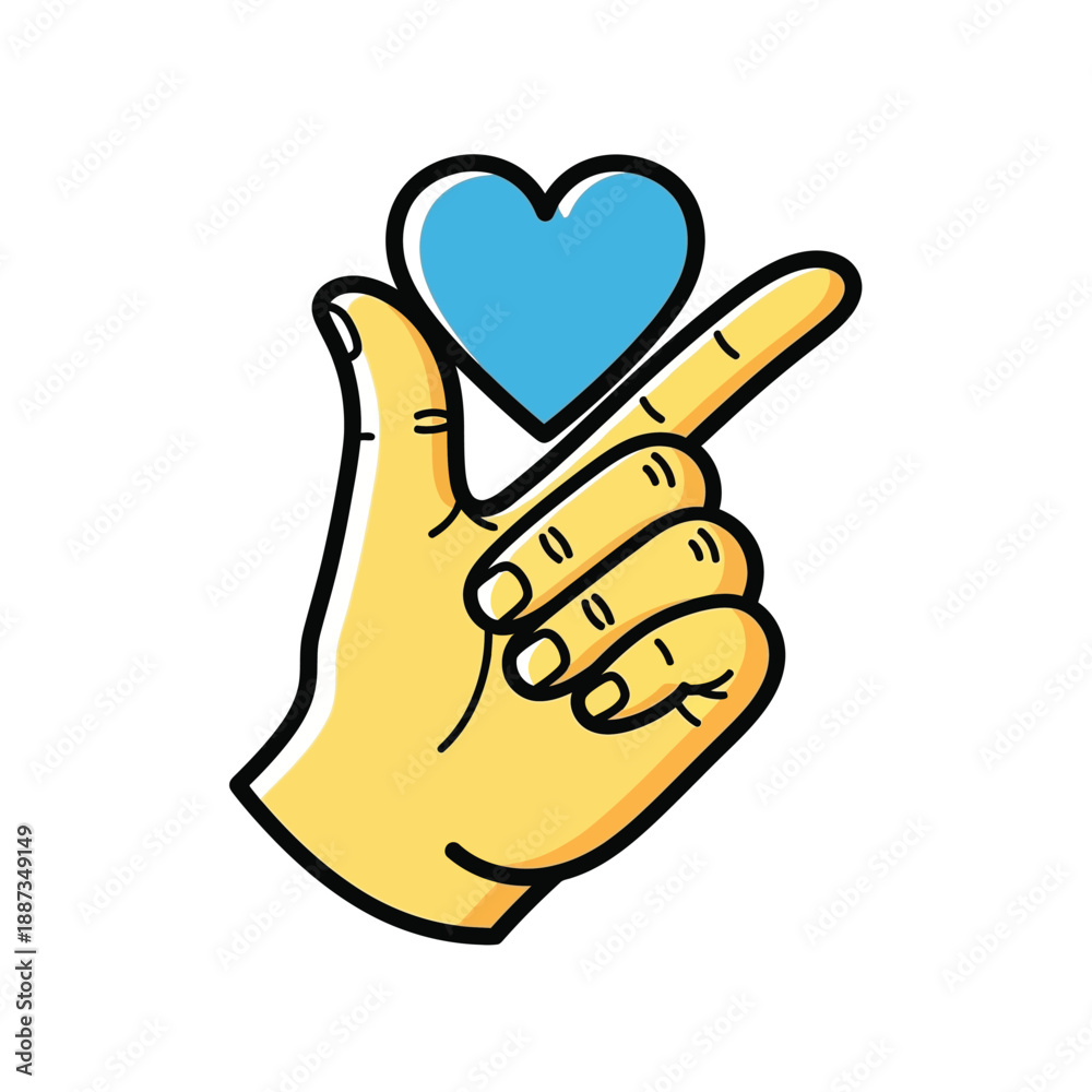 Obraz premium Cartoon hand gesture forming a small heart shape with a blue symbol in the center