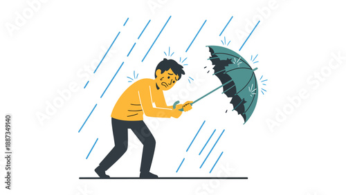 Man Struggling with Broken Umbrella in Heavy Rain - Vector Illustration