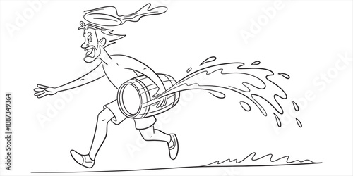An energetic man joyfully runs while spilling water from a wooden bucket