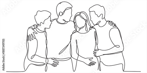 Continuous line art illustration of four friends standing together in unity and support