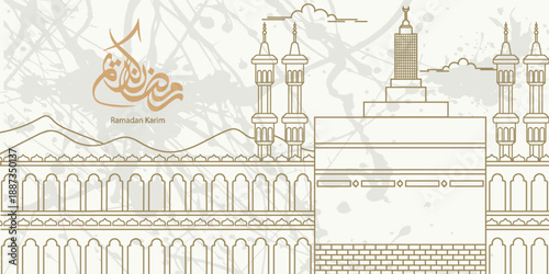 Ramadan Kareem greeting card with big mosque outline doodle and arabic calligraphy means Holy Ramadan vector illustration
