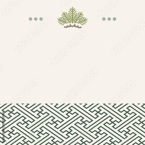 Japanese traditional pine motif background with sayagata pattern, minimal flat design, elegant wasabi green color, decorative vertical layout