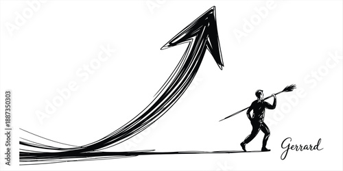 Path to success: a person with a spear symbolizing effort and determination follows an upward arrow