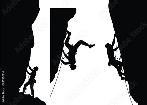 Silhouette Collection of Rock Climbers Scaling Extreme Mountain Cliffs Using Ropes Representing Adventure Outdoor Sports Risk Bravery Success