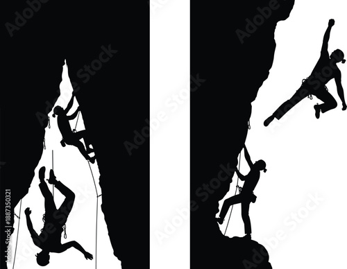 Silhouette Vector Set of Rock Climbers Scaling Steep Cliffs and Mountains Representing Extreme Sports Adventure Bravery Outdoor Activity Risk and Success