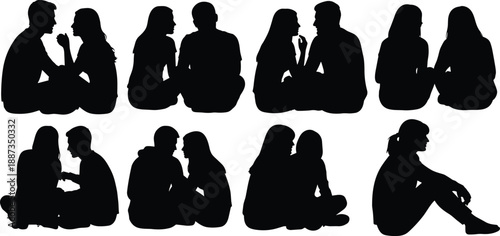 Silhouette Vector Set of People Sitting Talking and Facing Each Other Representing Friendship Human Connection Social Interaction Relationships and Individual Solitude Concept