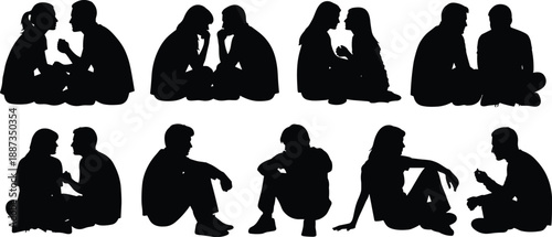 Silhouette Collection of People Sitting and Talking Together in Pairs or Alone Representing Communication Connection Relationships Social Interaction and Mental Health Awareness
