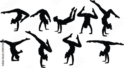 Series of black handstand silhouettes showing diverse acrobatic variations and progressions, demonstrating balance, strength, flexibility, control, and dynamic gymnastic movement