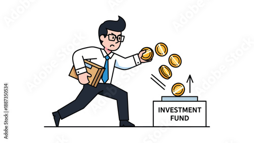 Investing Cartoon: Man Depositing Coins into Investment Fund