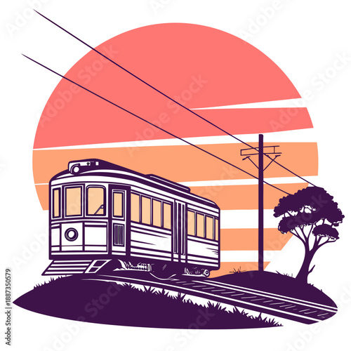 Vintage tram at sunset