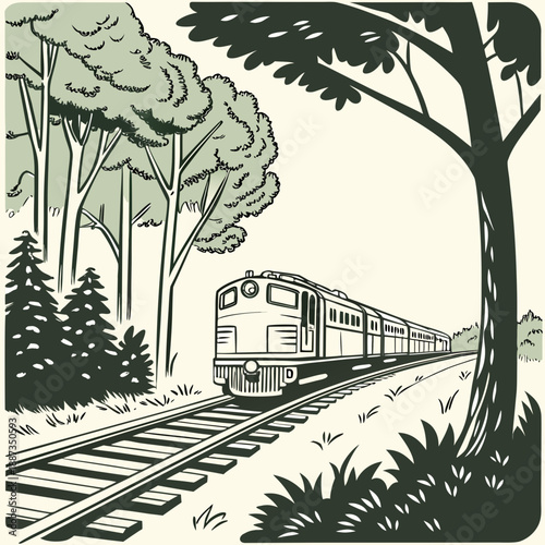 Train traveling through forest