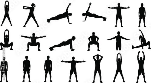 Large Collection of Male and Female Silhouettes Featuring People Jumping, Dancing, Running, and Practicing Yoga Isolated on a White Background Vector