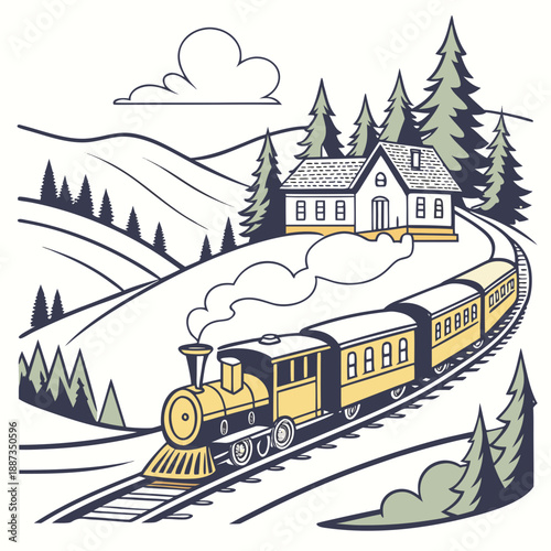 Vintage train traveling through mountainous landscape
