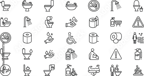 Black and white line of bathroom and toilet signs and symbols sink shower