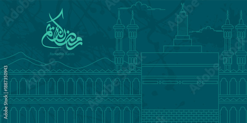 Ramadan Kareem greeting card with big mosque outline doodle and arabic calligraphy means Holy Ramadan vector illustration