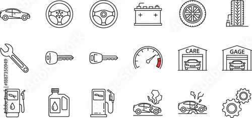 Black and white line of car parts and tools steering wheel battery tire wrench